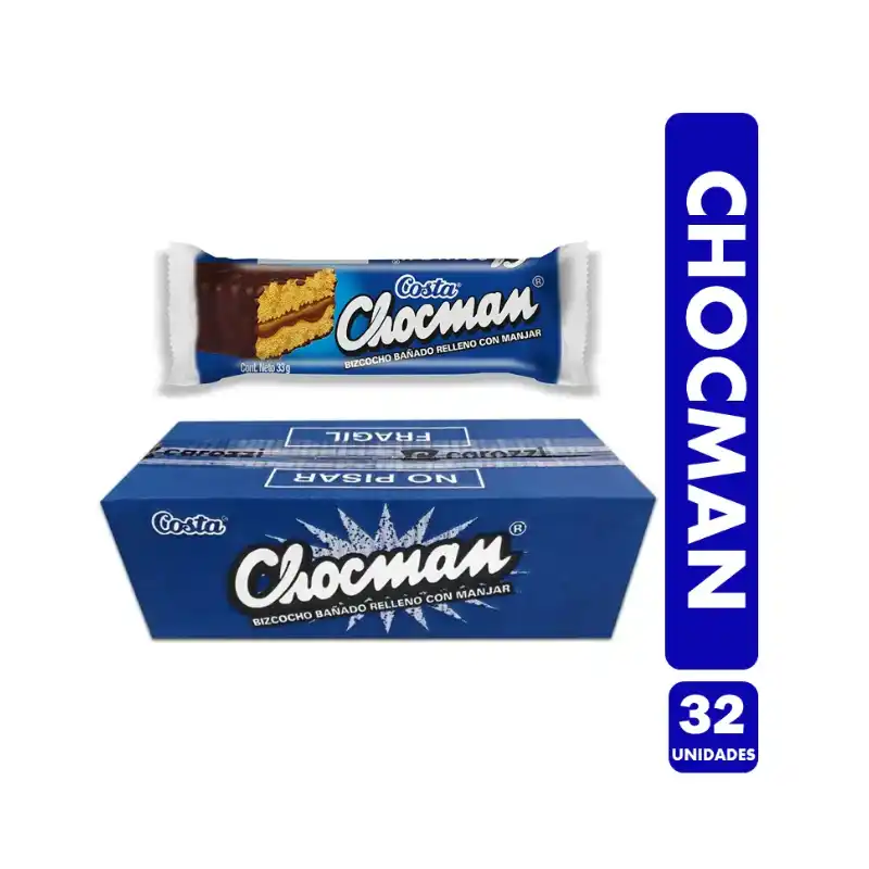 Chocman barra de bizcocho rellena de manjar - (Caja con 32 Unidades)